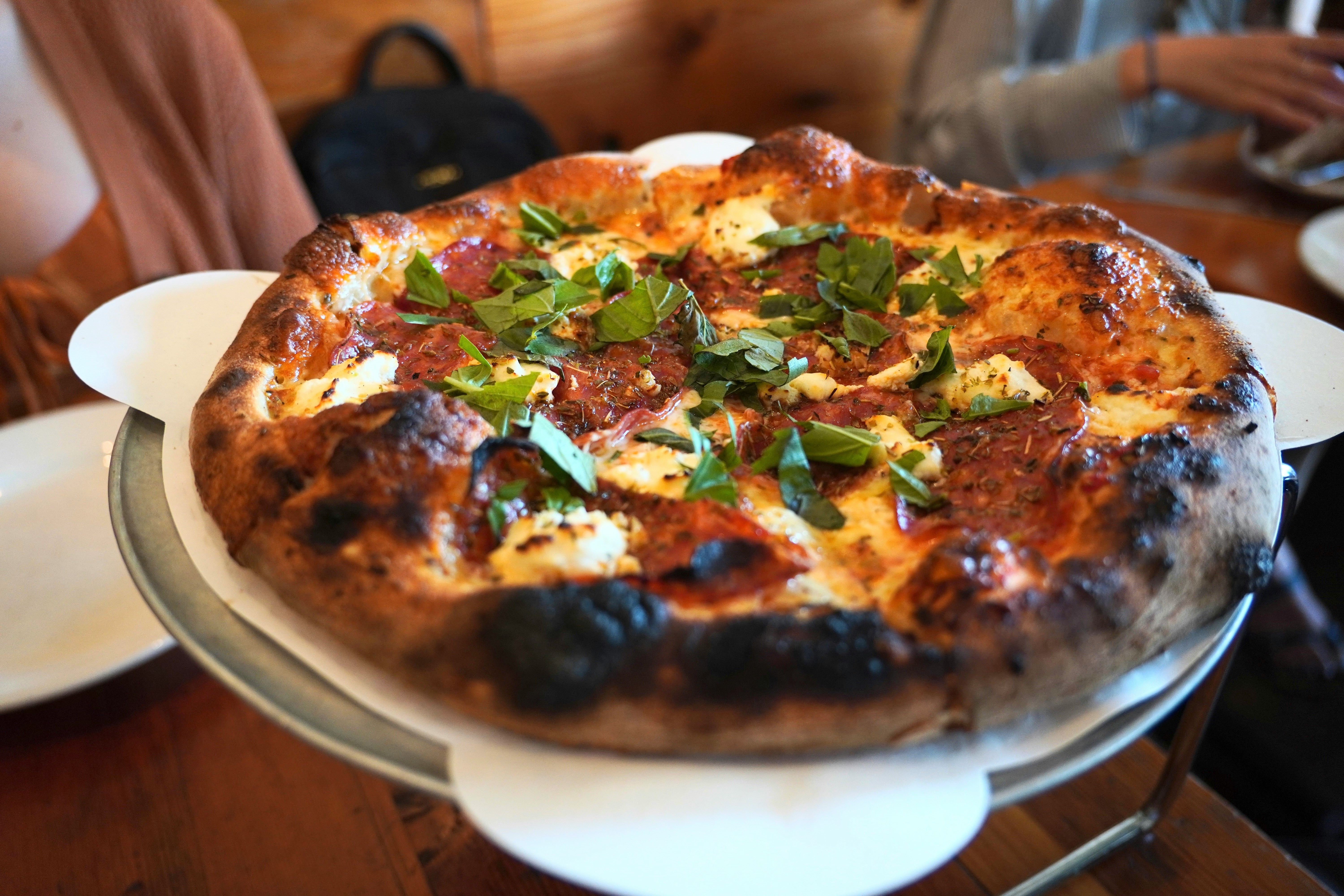 Pizza with basil and char marks